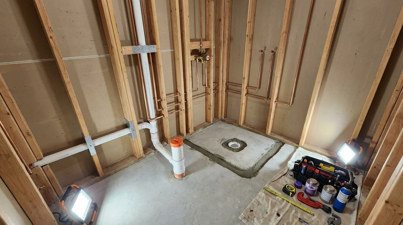 Bathroom rough-in plumbing during remodel by Johns Plumbing LLC in Byron