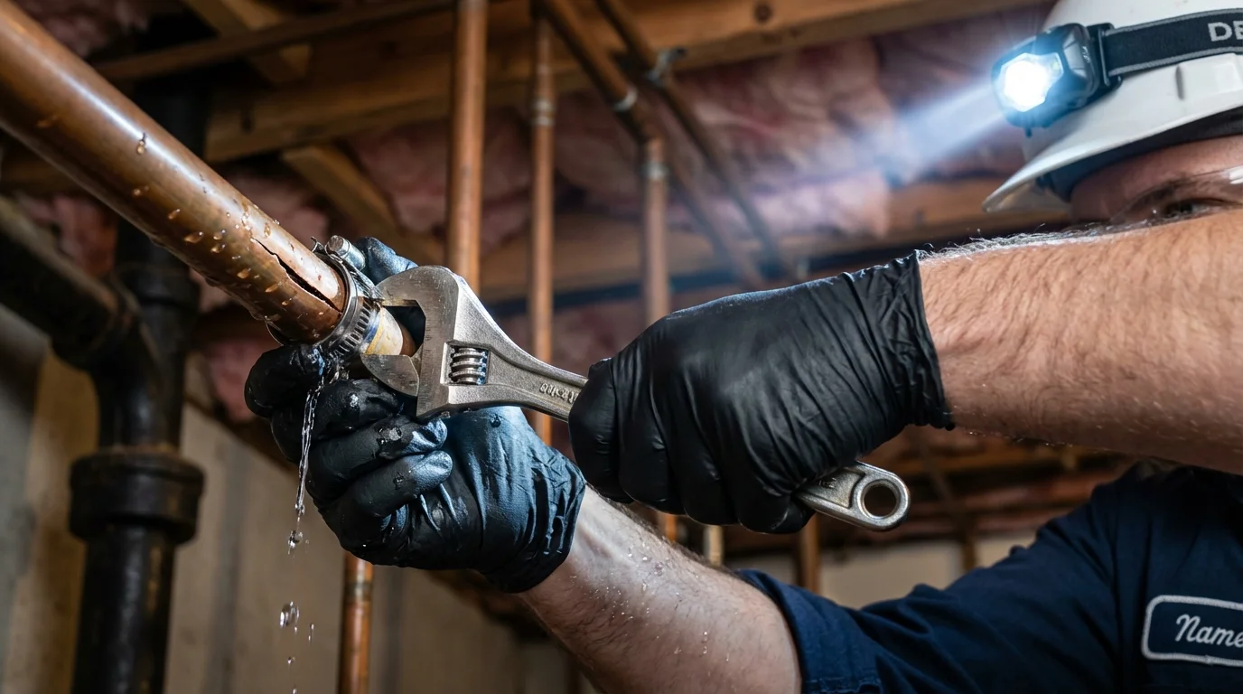Emergency pipe clamp repair being performed by a Johns Plumbing LLC plumber in Byron