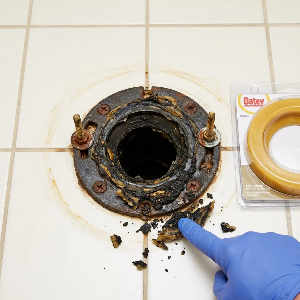 Failed wax ring showing water seepage at the base of a toilet in a Byron, CA home